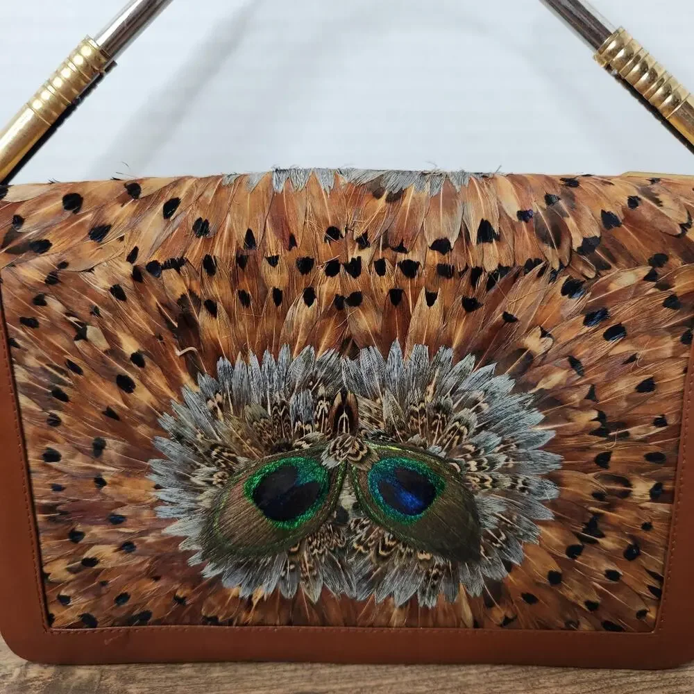 Vintage Peacock Feather Handbag 1950s 60s Real Feather Purse Gold Clasp